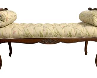 7525 - Carved Mahogany Tufted Floral Seat Bench (Description): w/ Scrolled Arms, Has 2 Upholstered Pillows. 25 x 44 x 16