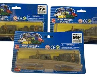 1579 - 3pc Lot Mini Wheels Military Play Sets (Description): A lot of three Mini Wheels Military Play  Sets, each sealed in original Big Lots retail  packaging. The playsets feature  military-themed vehicles including trucks and  jeeps along with soldier figures and accessories. Each package is marked for ages  3and up with appropriate safety warnings.