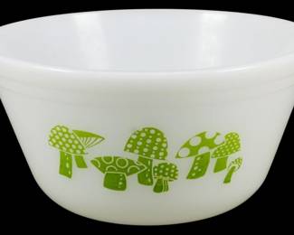 1180 - Vtg Federal Green Mushroom Bowl 3.5"x7" (Description): Vintage Federal milk glass mixing bowl  featuring a whimsical green mushroom pattern.  The bowl displays a charming mid-century  design with various polka-dotted and  patterned toadstools in avocado green against the white milk glass background. Measures  3.5 inches tall by 7 inches in diameter.