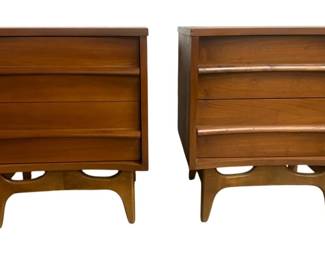 6221 - Pair Curved Front Nightstands by Young Mfg (Description): 25 x 22 x 17, shows wear associated with age,  some loss at corners Chain Mechanism on Bottom Locks the Bottom  Drawer.