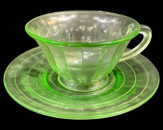 6738 - Green Uranium Glass Cup & Saucer (Description): 5 x 3.5