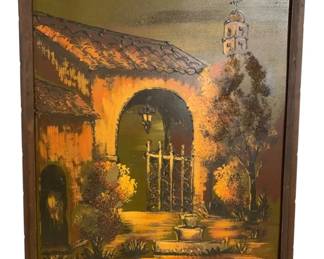 7595 - Framed Spanish Wall Art on Board -  44"x33" (Description): Framed artwork depicting a Spanish mission  scene with characteristic terracotta tile  roofing, an arched entryway with wrought iron  gate, and a bell tower in the background.  The painting features warm orange, yellow, and brown tones with impressionistic  brushwork. Signed by the artist in the lower  right corner. Presented in a rustic wood  frame. Measures 44 inches by 33 inches.