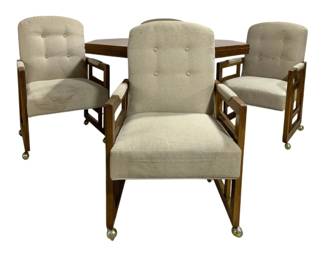 7579 - Mid Century Octagon Top Gaming Style Table (Description): w/ 4 Rolling Upholstered Chairs Table - 35 x  22 x 23 Chairs - 32 x 44
