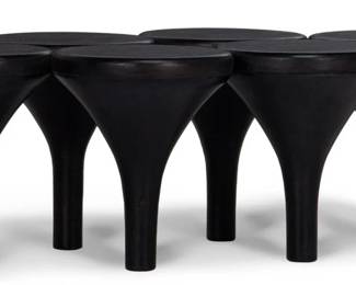 21 - Contemporary Cocktail Table Conjoined Forms (Description): wired brush finish, cluster of 6 circular  forms, 14.5 x 44 x 24