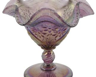 691 - Vtg Fenton Wisteria #2926 Carnival Glass Dish (Description): Vintage Fenton Wisteria #2926 Carnival Glass  Nut Dish featuring a beautiful iridescent  purple finish with floral pattern embossing.  The piece displays a ruffled rim and sits  atop a twisted pedestal base with a ribbed foot. Measures 4 1/2" x 5".