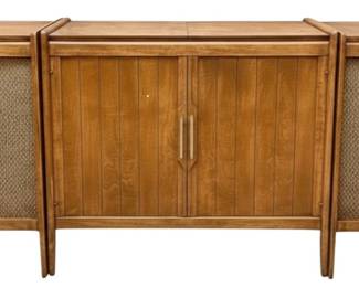 9900 - Walnut 3-Piece Mid-Century Stereo Console/System (Description): Contains a British Garrard Turntable with  original documentation - original wiring also  intact but untested.  Stereo Cabinet  Measures 33 x 36 x 18.5, Separate Speakers /  End Tables are 33  x 18.5 Used as is electric/electronic/mechanical  item. No guarantee all components present,  untested.