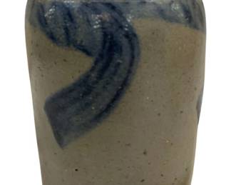 1451 - Antique Stoneware Jar w/ Cobalt blue decoration (Description): 8 x 5 - features a cobalt blue "comma vining"  or swag pattern