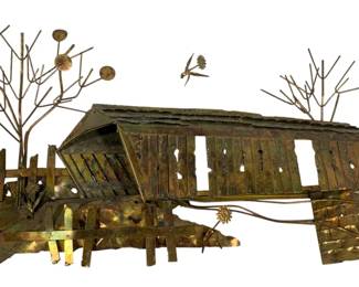 1313 - Brutalist Copper/Brass Wall Sculpture (Description): Covered Bridge - 27 x 15 As is/Piece is Broke Off