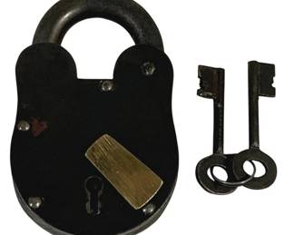 1523 - Antique Style Iron Padlock w/ 2 Keys 5"x3" (Description): Metal padlock in an antique style featuring a  black iron body with a brass cover plate  over the keyhole. The lock has a traditional  rounded shape with a curved shackle. Includes  two matching iron skeleton keys. Measures 5 inches by 3 inches.