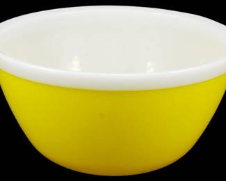 1163 - Vintage Pyrex Yellow Bowl 3.5"x6.5" (Description): Vintage Pyrex mixing bowl in bright yellow  with white milk glass interior and rim. This  classic mid-century kitchen staple features  the iconic two-tone color design that Pyrex  was known for during this era. The bowl measures 3.5 inches tall by 6.5 inches in  diameter.
