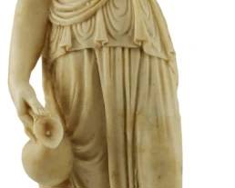 632 - Resin Figure of Hebe Goddess of Youth 15" (Description): Resin figure of Hebe, Goddess of Youth. The  classical-style statue depicts the Greek  goddess in flowing draped robes, holding a  vessel. Measures 15 inches tall.