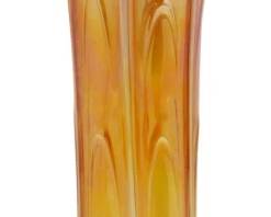 669 - Vtg Dugan Marigold Pulled Loop Carnival Glass (Description): Vintage Dugan Marigold Pulled Loop Carnival  Glass vase featuring the classic iridescent  marigold finish characteristic of carnival  glass. The vase displays the distinctive  Pulled Loop pattern with elongated loops rising from the base to the scalloped rim.  Measures 11 inches tall.