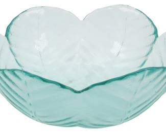 749 - Vintage Green Glass Leaf Bowl 3.5"x2" (Description): Vintage green glass bowl featuring a  decorative leaf-shaped design with scalloped  petal-like edges. The translucent aqua-tinted  glass has a textured surface with molded  veining details reminiscent of natural foliage. Measures 3 1/2 inches in diameter by  2 inches tall.