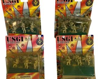1578 - 4pc Lot USAF Action Sets (Description): A lot of four USGI Action Set military figure  packs. Each sealed blister pack contains  small plastic army soldier figures in various  combat poses. The packaging features the  USGI Action Set branding with a military-themed design. These collectible toy  soldier sets are ideal for diorama building  or military play scenarios.