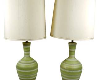 966 - Pr Mid-Century Green Ceramic Table Lamps (Description): A pair of mid-century modern table lamps  featuring ceramic bodies with horizontal  striped glazing in shades of green,  chartreuse, and white. The urn-shaped ceramic  bodies rest on gold-toned metal bases and are topped with cream-colored drum shades  with gold trim. The lamps measure 38.5 inches  in height. Used as is electric/electronic/mechanical  item. No guarantee all components, untested.