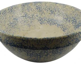 635 - Large Vtg 1930s Roseville Spongeware Bowl (Description): Large vintage 1930s Roseville spongeware bowl  featuring the characteristic mottled blue  and cream pattern. Measures 7.5 inches tall  by 16 inches in diameter.