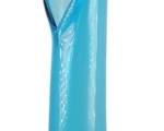 863 - Viking Bluenique Petal Swung Glass Vase 24" (Description): Mid Century Viking Bluenique swung glass vase  featuring an elegant elongated form with a  distinctive pulled and stretched design. The  vase displays a beautiful gradient of blue  coloring, transitioning from a deep cobalt blue at the footed base to a lighter aqua  blue toward the gracefully curved and ruffled  opening. The base features a decorative  footed design typical of Viking glass pieces  from this era. Measures 24 inches tall.