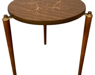 13 - Vintage Mid-Century Inlaid Top Round Stand (Description): 16 x 17