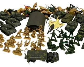 1640 - Lot Assorted Military Vehicles & Figures (Description): A large assortment of military vehicles and  figures. The collection includes plastic army  men in both tan/desert and green colors,  various miniature tanks, military trucks, a  Quonset hut shelter, a fighter jet, and additional military equipment and  accessories. Ideal for diorama building or  play.