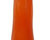 934 - Huge L.E. Smith Bittersweet 36" Swung Floor Vase (Description): Vintage L.E. Smith Bittersweet swung glass  vase in a vibrant orange-to-amber gradient  coloration. This tall, slender vase features  the characteristic stretched form of  mid-century swung glass, with a flared, asymmetrical opening at the top and a  textured hobnail-style base. The ribbed body  showcases the distinctive bittersweet orange  coloring that transitions to a warmer amber  tone at the bottom. Measures 36 inches tall.