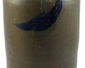 604 - 19th Century Virginia Area 1 Gal Stoneware Crock (Description): A 19th century Virginia area stoneware crock  with a one gallon capacity. The crock  features a cobalt blue brushstroke decoration  on the body and a rolled rim typical of the  period. Measures 10 inches in height.
