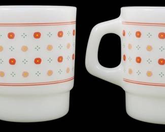 1146 - Pr Milk Glass Dot and Star Mugs 3.5" (Description): Pair of vintage milk glass stackable mugs  featuring a charming dot and star pattern.  The white mugs are decorated with a repeating  design of orange and peach dots alternating  with green four-leaf clover or star motifs, bordered by thin red horizontal stripes.  These Fire-King style mugs have a distinctive  stacking foot at the base and D-shaped  handles. Each measures 3.5" tall.