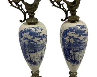5577 - Pair Vintage Blue/White Ewers - 20.5" Tall