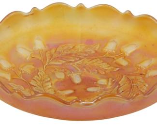 684 - Fenton Marigold Acorn Carnival Glass Bowl (Description): Vintage Fenton Marigold Acorn Carnival Glass  Bowl featuring a raised acorn and oak leaf  pattern with iridescent finish and scalloped  rim edge. Measures 2 inches tall by 7 inches  in diameter.