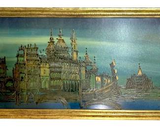7604 - Framed Impasto Cityscape Painting 27"x51" (Description): A framed impasto artwork depicting a  fantastical cityscape with ornate towers and  spires reflected in water. The heavily  textured painting features golden and bronze  architectural elements against a moody teal and blue gradient sky. Signed with initials  in the lower right corner. Set in a gilt wood  frame. Measures 27 inches by 51 inches.
