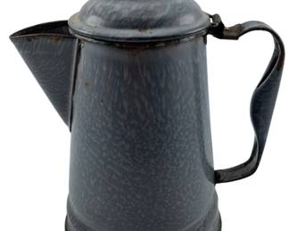 610 - Antique Gray Speckled Graniteware Coffee Pot (Description): 9" tall
