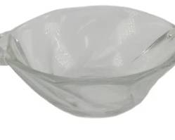756 - 3 Vintage Heisey Twist Swirl Bowls 1"x4"x3.5" (Description): Set of three vintage Heisey Twist Swirl bowls  in pink, clear, and amber glass. Each bowl  features the distinctive swirl pattern with  decorative pinched handles on two sides.  Measures 1 inch tall by 4 inches wide by 3.5 inches deep.