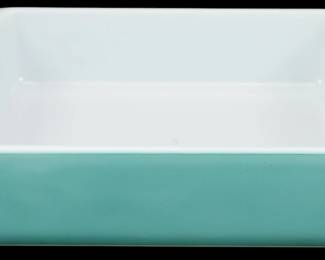1198 - Pyrex Turquoise Rectangular Casserole Dish (Description): Pyrex turquoise rectangular casserole dish  featuring the classic mid-century color  scheme with a vibrant turquoise exterior and  white opal interior. This popular baking dish  showcases the iconic Pyrex design. Measures 2 1/2 inches high by 10 incheslong by 9  inches wide.