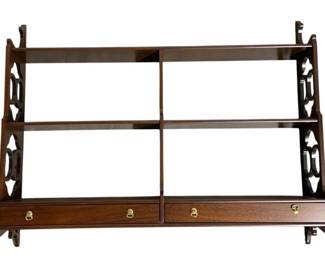 7528 - Vintage Wall Display Shelf - 27 x 34 x 6 (Description): 2 Drawer, Fret Work Side Supports.