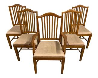 7511 - 5 Solid Oak Dining Chairs - 39 x 24 x 18 (Description): Vertical slatted backs, and upholstered seat  cushions. 1 Head of the table chair and 4 side chairs.
