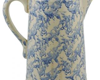 591 - Vintage Stoneware Spongeware Pitcher 9" (Description): Vintage stoneware spongeware pitcher  featuring a classic blue and cream  sponge-decorated pattern. The pitcher has a  curved handle and traditional tapered form.  Measures 9 inches in height.