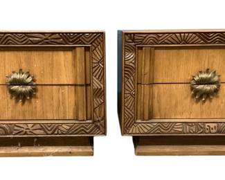 18 - Matching Pair Brutalist Carved 2 Drawer Stands (Description): on raised plinth base, heavily carved framed  border, ornated hardware, 22 x 28 x 16