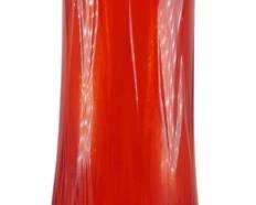 841 - L.E. Smith Diamond Butt Red Swung Vase 23" (Description): Mid Century L.E. Smith amberina swung glass  vase featuring a striking gradient from deep  ruby red at the base transitioning to vibrant  orange-red toward the dramatically elongated  and ruffled top. The base displays a pressed diamond or starburst pattern typical of the  maker. Measures 23 inches tall.