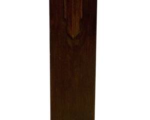 7737 - Vintage Oak Grandmother Clock (Description): Vintage oak grandmother clock featuring a  square face with Roman numerals and  decorative hands. The case displays Art Deco  styling with carved shield detail on the  column and bracket feet at the base. Measures 54 inches tall by 9 inches wide by 7 inches  deep. Used as is  electric/electronic/mechanical item. No  guarantee all components present, untested.