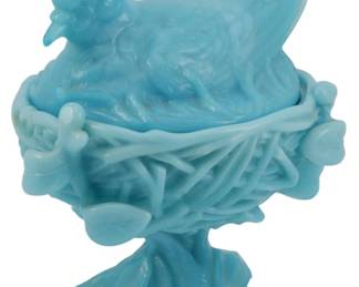 872 - Westmoreland Milk Glass Robin on Nest Dish (Description): Vintage Westmoreland milk glass robin on nest  candy dish in a striking blue opaque color.  The covered dish features a detailed bird  finial perched atop a woven nest design,  supported by a naturalistic branch-form pedestal base with leaf accents. Measures 7  inches.