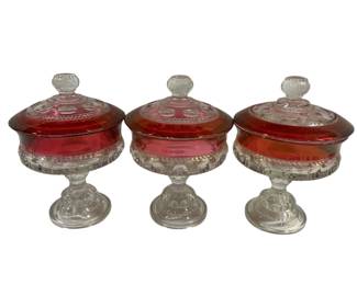 5923 - 3 Red/Clear Compotes w/ Lids - 8 x 5