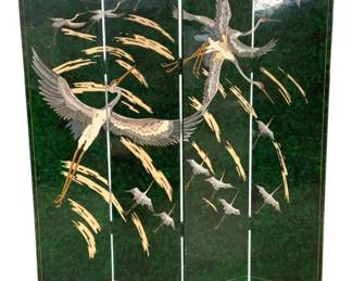 7685 - Asian Style 4-Panel Green Lacquer Screen (Description): Four-panel room divider featuring an elegant  Asian-inspired design with flying cranes  against a deep green lacquered background.  The arched-top panels display graceful white  and gray cranes in flight amid golden brush stroke accents, creating a dramatic  decorative statement. Measures 72" high by  64" wide when extended.
