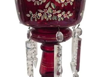1435 - Painted Ruby Mantle Luster w/ Prisms (Description): Painted ruby mantle luster featuring  decorative enamel work and hanging crystal  prisms. Some prisms are missing, comes with  some prisms that need attaching. Measures 14  inches tall by 7 inches wide.