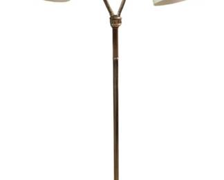 7611 - Mid Century Double Gooseneck Floor Lamp (Description): Mid century modern dual head floor lamp  featuring a brass-toned metal construction.  The lamp has two adjustable gooseneck arms  extending from a central pole. The lamp  stands on a round weighted base and includes flexible necks for directing light as needed. Used as is electric/electronic/mechanical  item. No guarantee all components, untested.  Metal shows tarnishing consistent with age.