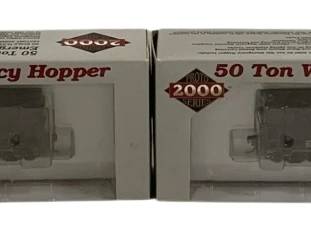 1590 - Proto 2000 War Emergency Hopper Cars HO (Description): A pair of Proto 2000 Series 50 Ton War  Emergency Hopper cars in HO scale. These  model railroad cars feature Southern Railway  markings with road numbers 104187 and 104900.  Both cars are presented in their original packaging with clear display windows. The  hoppers are finished in a weathered gray  color typical of wartime emergency freight  cars.