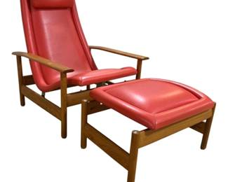 7628 - Scandinavian Teak Adjustable Lounge Chair & Stool (Description): Mid-century modern style lounge chair and  ottoman set featuring orange upholstery on a  solid teak wood frame. The chair has a high  back design with integrated headrest and  wooden paddle arms. The matching ottoman complements the set with the same cushioning  and teak base construction. Ottoman measures  15"x25"x22", chair measures 38"x30"x30".