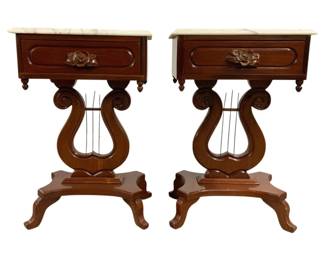 7514 - Pair Lyre Base Marble Top End Tables (Description): Featuring a mahogany finish and a distinct  lyre shaped pedestal base. 28 x 12 x 14