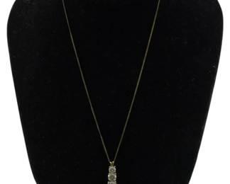 818 - Sterling .925 Gold Plated Pendant Necklace (Description): Sterling .925 pendant necklace featuring a  gold tone/gold plated pendant with three  vertically stacked stones in prong settings.  The pendant hangs from a delicate gold-toned  chain. Weight: 0.11oz.