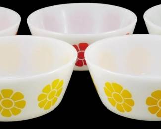 1189 - Set of 5 Federal Daisy Bowls 2"x5" (Description): Set of five Federal Daisy bowls in white milk  glass. Each bowl features a cheerful daisy  flower pattern in assorted colors including  yellow, orange, red, and green. The bowls  measure 2 inches tall by 5 inches in diameter.