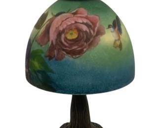 6856 - Reverse Painted Glass Shade Table Lamp (Description): 14" Tall Used as is electric/electronic/mechanical  item. No guarantee all components, untested.
