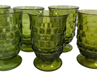 337 - 6 Olive Green White Hall Juice Glasses (Description): 4" Tall